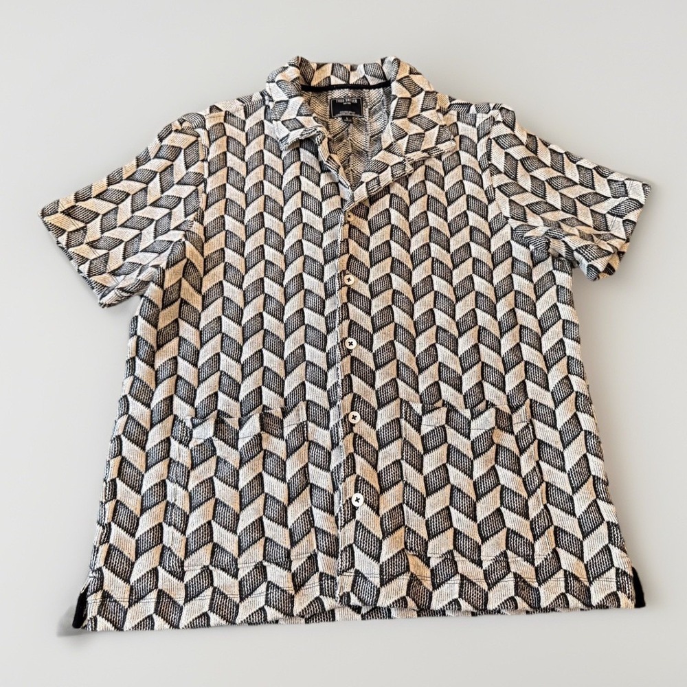 Todd Snyder Shirt Mens Large Black Geometric Knit Button Up Short Sleeve Pockets